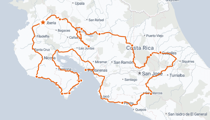 Map of Costa Rica highlighting a travel route with key locations marked, including major cities and attractions. The route is outlined in orange, showcasing the country's diverse landscapes and points of interest for travelers.