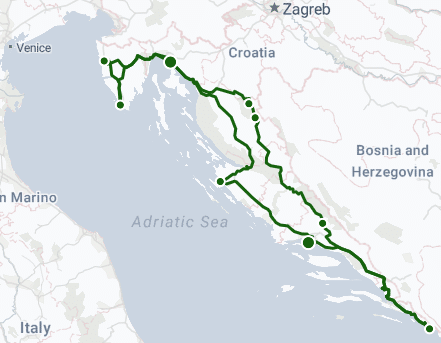 Map showing bike route along the Adriatic coast in Croatia and Italy.