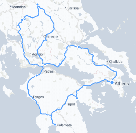 Map of a scenic driving route in Greece, highlighting key destinations including Athens, Kalavryta, and Meteora, with a blue line indicating the path through the Peloponnese region and central Greece.