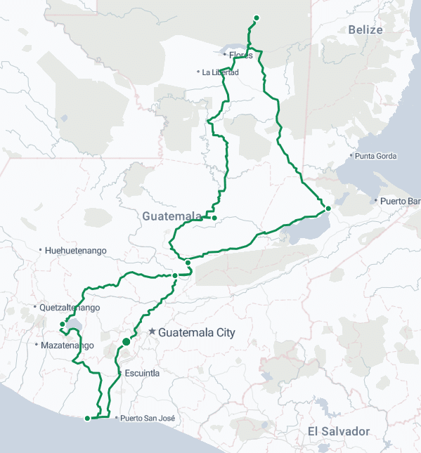 Map of Guatemala with a green route line highlighting travel paths between cities including Flores, La Libertad, Quetzaltenango, Mazatenango, Guatemala City, and Puerto San José.