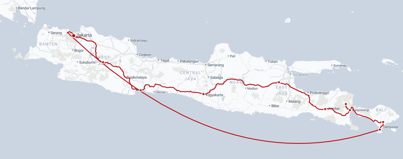 Map of Java, Indonesia, highlighting the main highways and routes in red, showcasing the island's geography and connectivity between major cities.