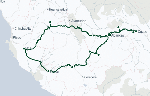 Map showing travel routes between Ica, Nazca, Abancay, and Cuzco in Peru including nearby cities Huancavelica, Ayacucho, and Chincha Alta.
