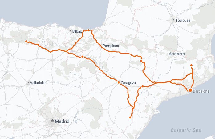 Map of northeastern Spain showing major train routes connecting cities including Barcelona, Zaragoza, Bilbao, Pamplona, and Madrid.