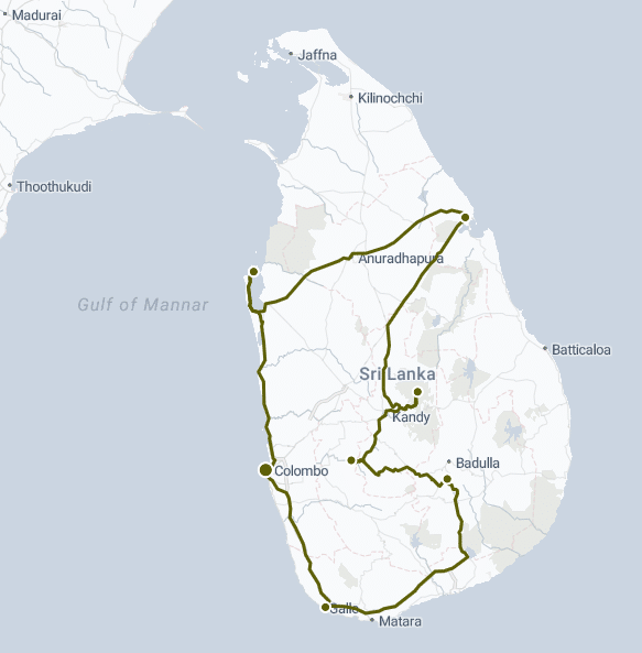 Map of Sri Lanka showing a travel route passing through major cities including Colombo, Anuradhapura, Kandy, Galle, and Matara.