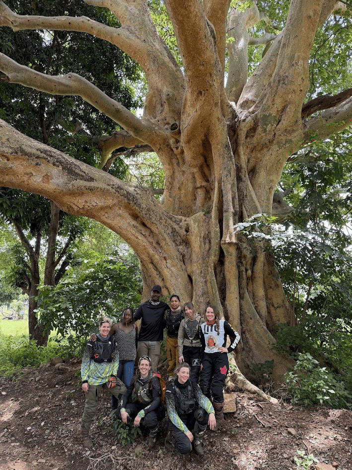 Group of people in outdoor adventure gear posing under a large, ancient tree in a forest setting