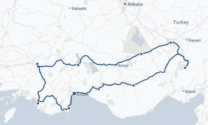 Map showing a route through southern Turkey, highlighting key cities such as Antalya and Konya, with a blue line indicating the travel path.