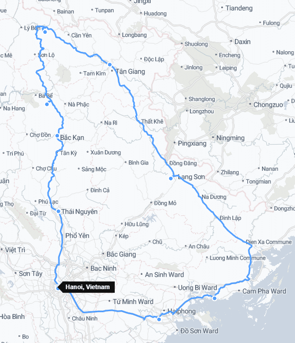 Map showing a travel route around northern Vietnam including Hanoi, Haiphong, Bac Kan, and Lang Son.