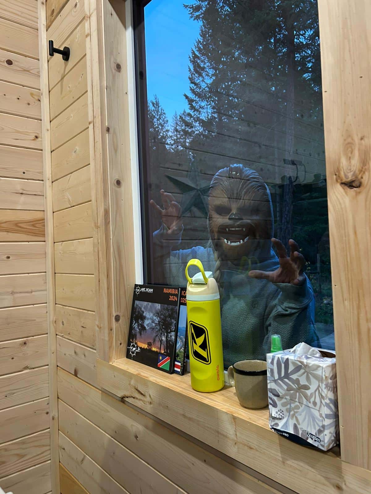 Woman wearing a Chewbacca mask making claw hands gesture behind a wooden window, with a yellow water bottle, mug, tissue box, and travel brochures on the window sill inside a wooden cabin.